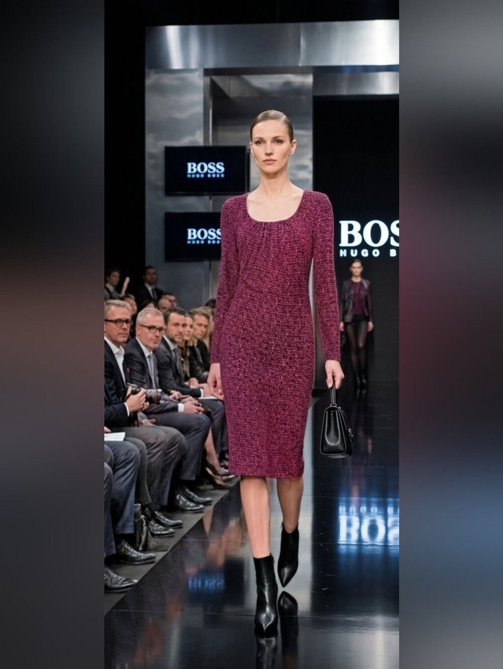 Hugo Boss Long Sleeve Scoop Neck Ribbed Knit Dress in Burgundy Pink